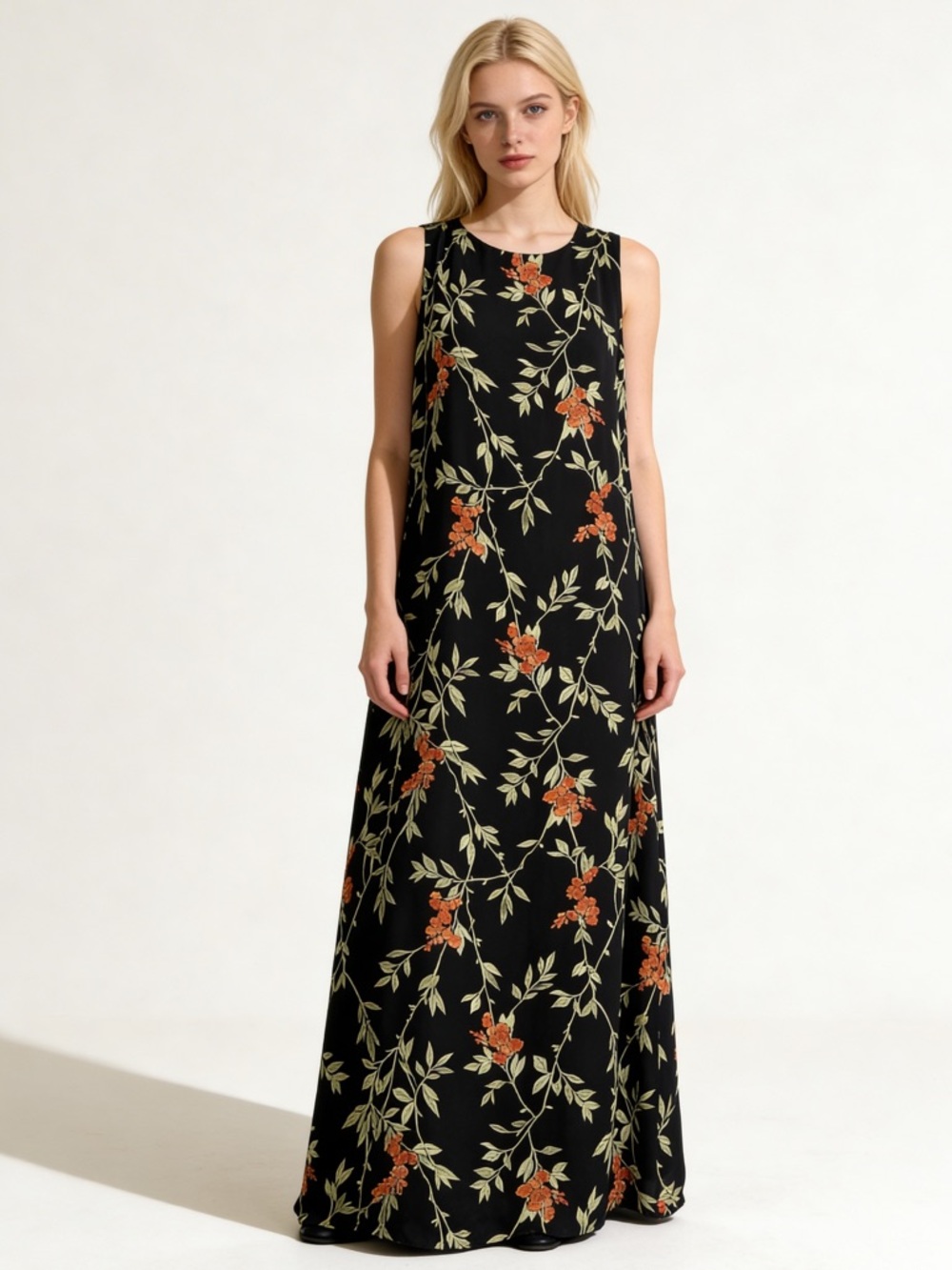 Valerie Stevens Black Orange Floral Silk Maxi Dress Sleeveless Size 10
